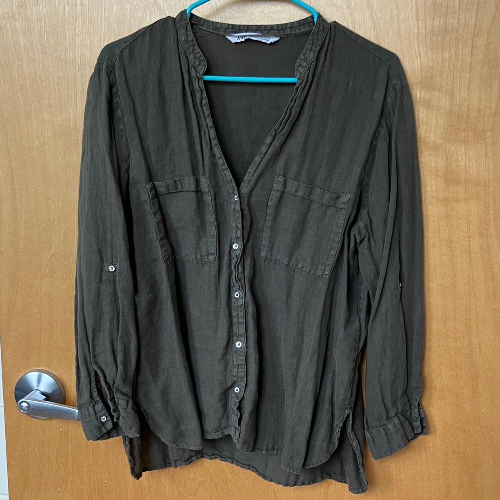 Zara Linen Dark Olive Button-Down Shirt